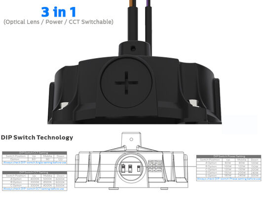 200W 150LPW HB5 3 w 1 super highbay z przesuwaną soczewką optyczną DIP (60°/90°/110°), moc (100%-80%-60%), 3 CCT opcjonalne