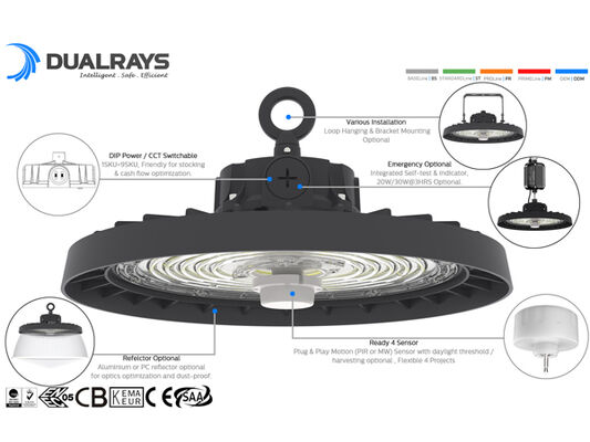 HB3H UFO LED High Bay Light z przełącznikiem DIP dla mocy i 3CCT, 100W 150LPW z opcjonalną funkcją awaryjną