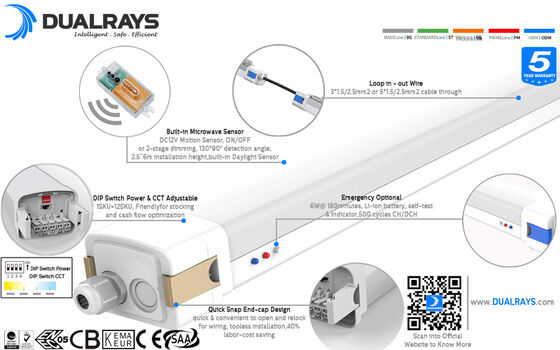 5ft/60W Wodoodporna lampa LED D5 z przełącznikiem DIP mocy/3CCT i 1-10V, DALI, czujnikiem ruchu, czujnikiem światła dziennego, Zigbee i funkcją awaryjną