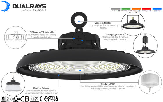 HB3 DIP Przełączalna moc i 3CCT UFO LED High Bay Light 100W 192LPW z czujnikiem gotowym (PIR / czujnik ruchu)