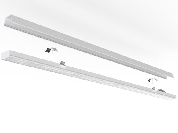 Uniwersalny liniowy moduł oświetleniowy LED typu Retrofit o mocy 75 W z możliwością szybkiego przełączania za pomocą kliknięcia, z możliwością łączenia kablem przelotowym, umieszczony wewnątrz modułu za pośrednictwem złączy WAGO
